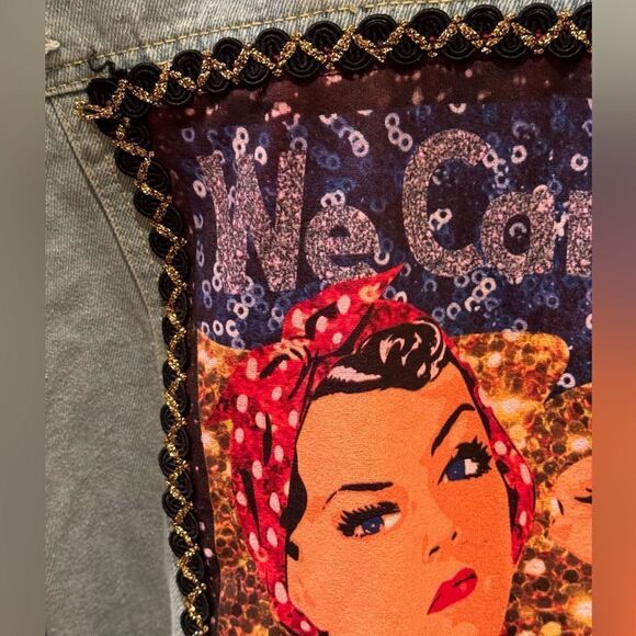 Rosie the Riveter Upcycled Light Wash Denim Embellished Button Up Jacket  Sz M - Picture 4 of 10